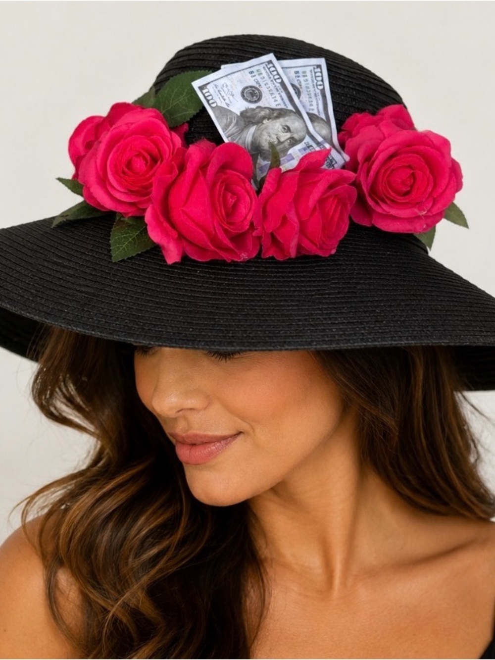 Black Wide-Brim Sun Hat Hot Pink Rose Trim Kentucky Derby DIY decorated money